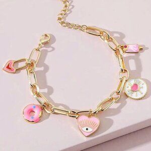 NWT Heart Charm Bracelet 14K Gold Plated Chunky Links Pink 7”